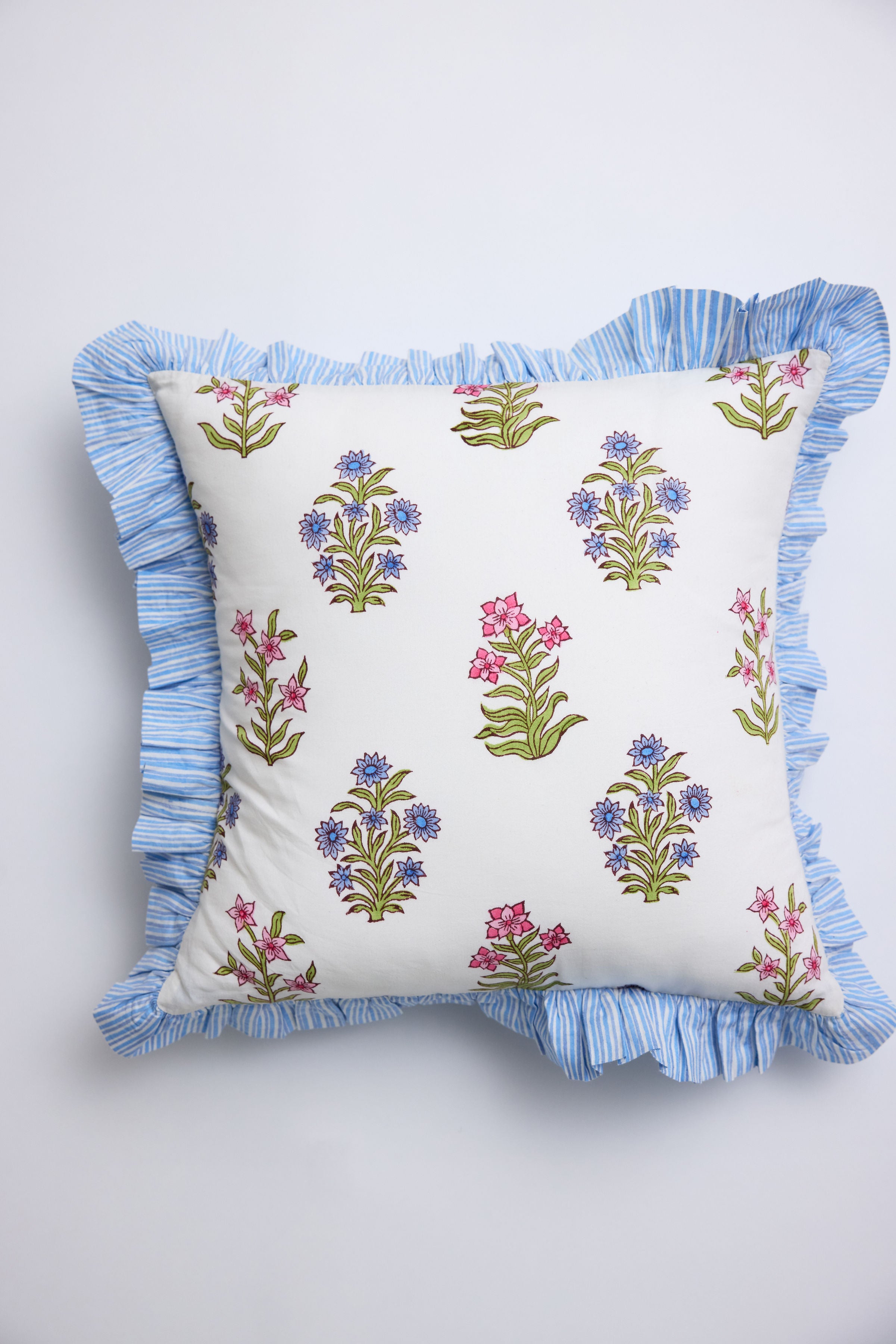 Gardenia Blue Ruffle Throw Pillow Cover
