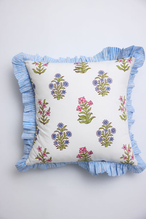Gardenia Blue Ruffle Throw Pillow Cover