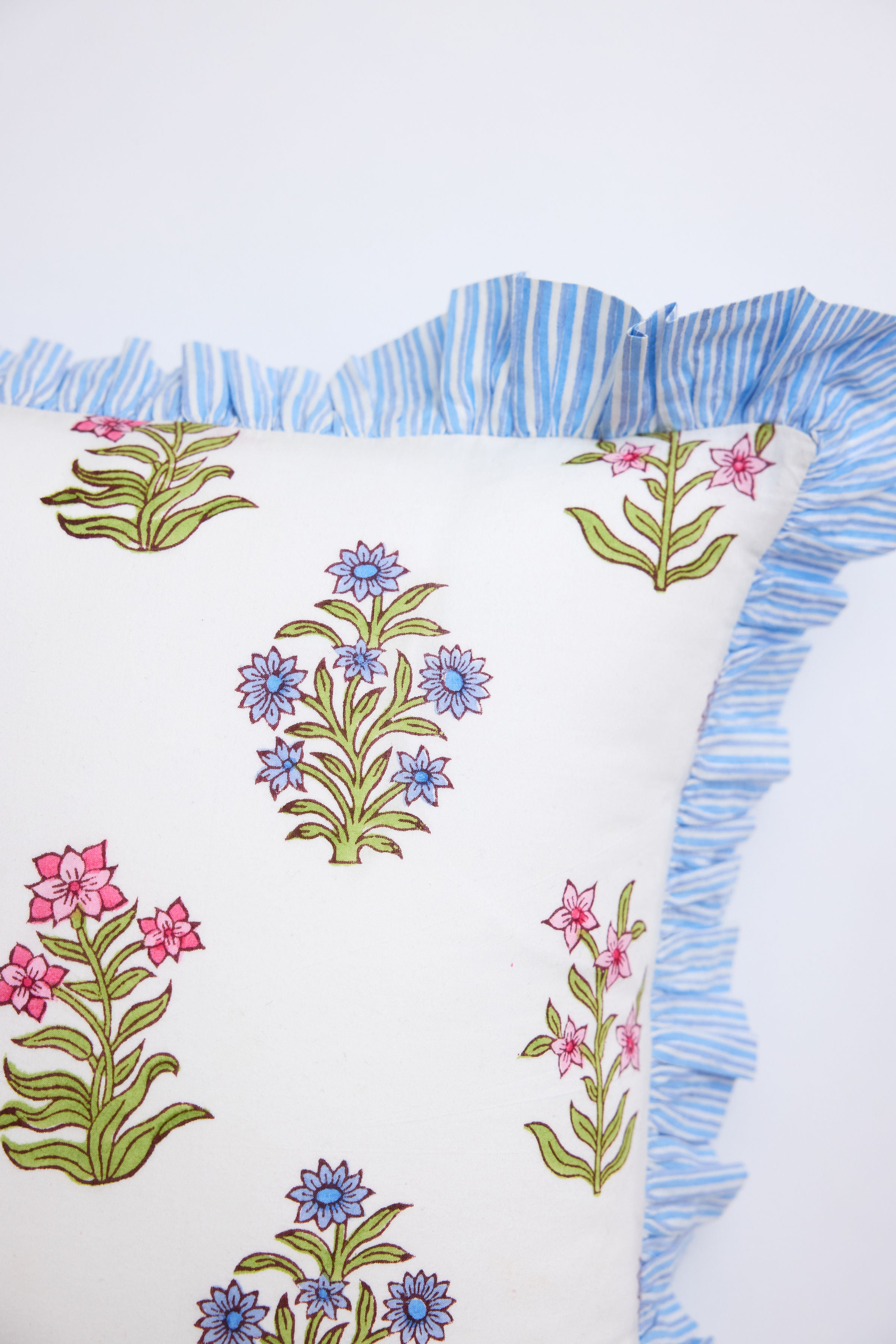 Gardenia Blue Ruffle Throw Pillow Cover