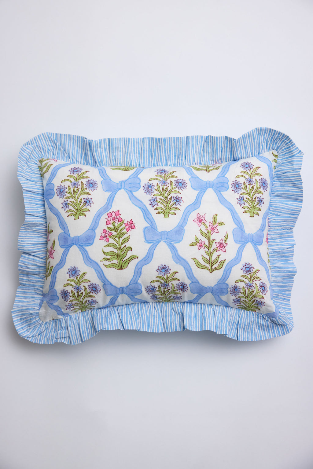 Gardenia Rectangular Throw Pillow with Blue Striped Ruffles