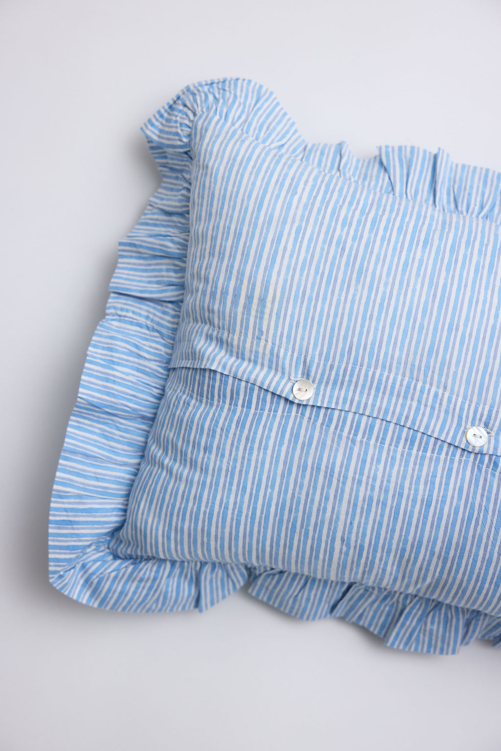 Gardenia Rectangular Throw Pillow with Blue Striped Ruffles
