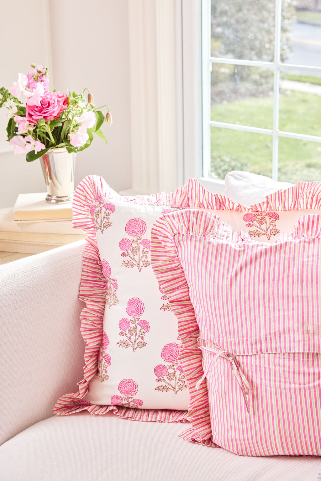 Rose Cottage Striped Ruffle Throw Pillow