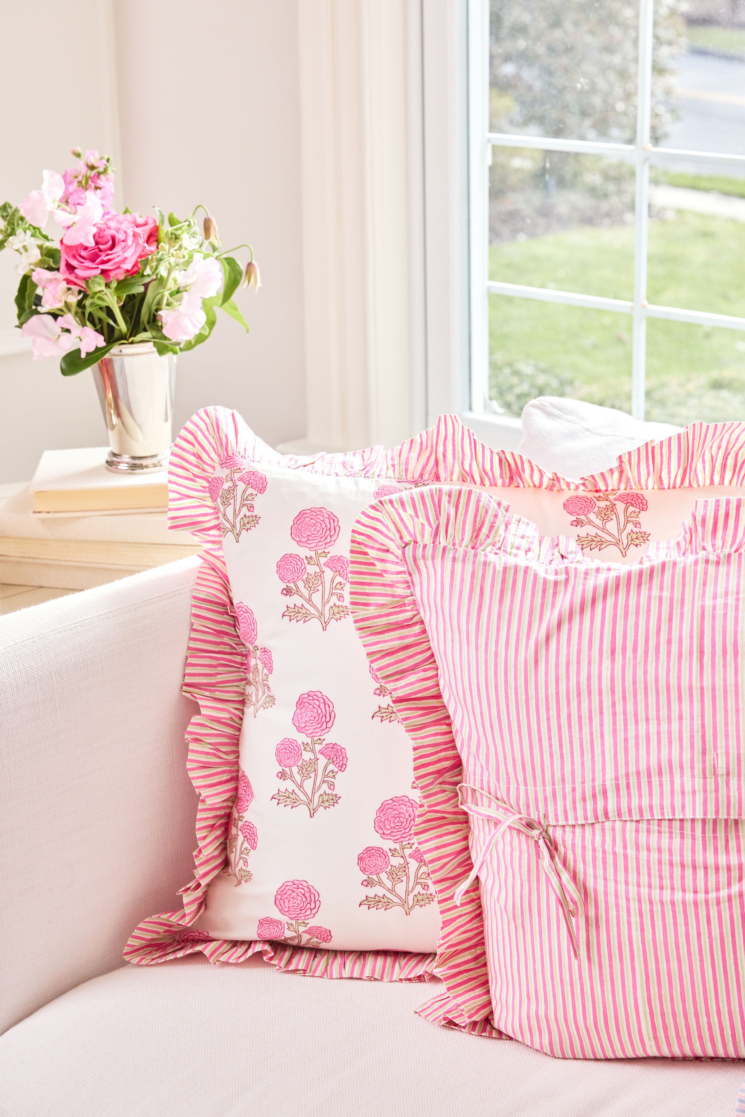Rose Cottage Striped Ruffle Throw Pillow