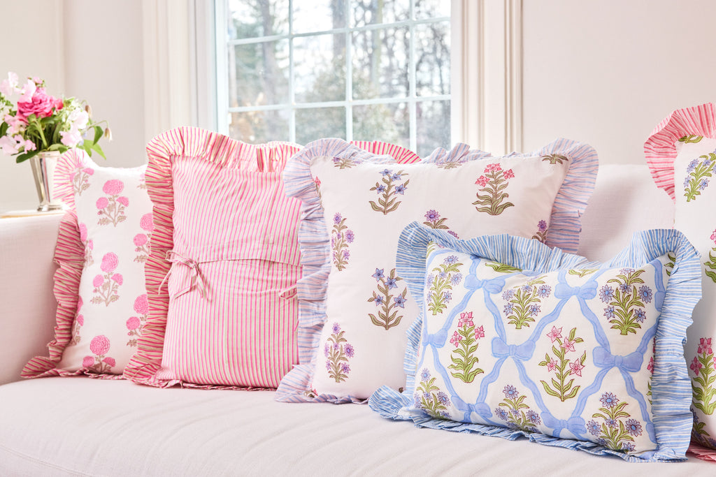Gardenia Rectangular Throw Pillow with Blue Striped Ruffles